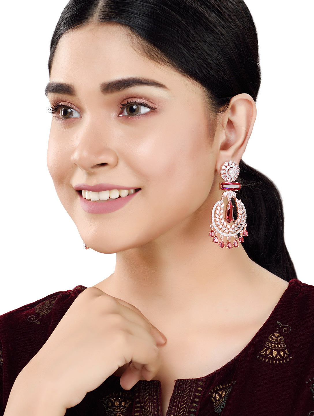 Rose Gold Plated Ruby AD studded Drop Earrings, zaveri pearls, sale price rs, sale price, sale gold plated, sale gold, sale, rubans, ring, regular price, priyassi jewellery, kushal's - Saraf